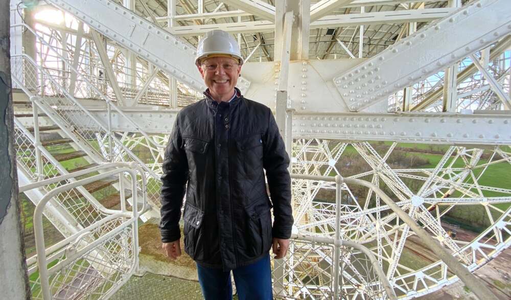 David Morris MP with a helmet in Jodrell Bank